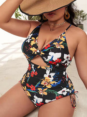 Plus Size Floral Print Backless Swimsuit