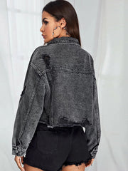 Denim Long Sleeve Ripped Hem Short Jacket
