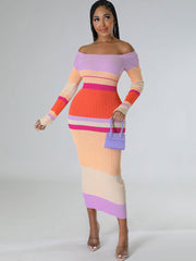 Long Sleeve Off Shoulder Color Block Maxi Dress