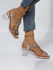 Rhinestone Patchwork Chunky Open Toe Heel