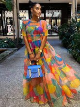Mesh Short Sleeve Print Flowy Maxi Dress