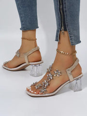 Rhinestone Patchwork Chunky Open Toe Heel
