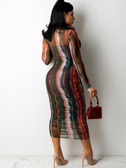 Mesh Long Sleeves Print Bodycon Midi Dress