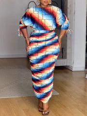 Printed Ruched Long-Sleeve Dress Set