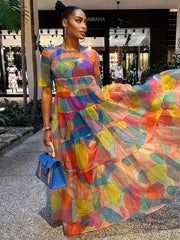 Mesh Short Sleeve Print Flowy Maxi Dress