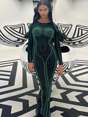 Long Sleeve Striped Bodycon Maxi Dress