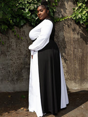 Long Sleeve V Neck Patchwork Maxi Dress