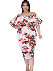 Off Shoulder Floral Print Bodycon Midi Dress