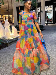 Mesh Short Sleeve Print Flowy Maxi Dress
