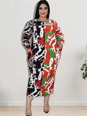 Graffiti Long Sleeve Patchwork Midi Dress
