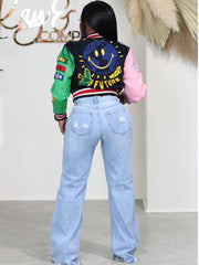 Long Sleeve Color Block Printed Baseball Jacket