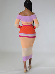 Long Sleeve Off Shoulder Color Block Maxi Dress