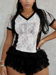 Rhinestone Mesh Lace Crop Top