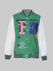 Plus Size Long Sleeves Button Baseball Jacket