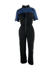 Denim Color Block Zipper Long Jumpsuit