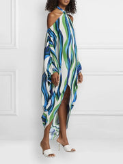 Colorful Striped Sexy Halter Neck Tie Maxi Dress