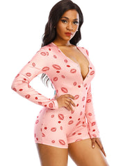 Long Sleeve Printed V Neck Romper