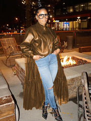 PU Mesh Patchwork Long Sleeve V Neck Top