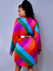 Long Sleeve Color Block Pleated Mini Dress