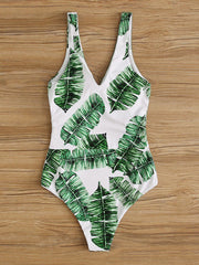 Plus Size Leaf Print Patchwork Swimsuit