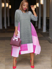 Half Sleeves Striped Asymmetrical Midi Dress