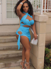 Two Piece Crisscross Crop Top Mini Skirts