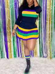 Two-Piece Striped Tops Ruched Skirt