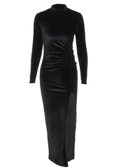 Velvet Long Sleeves Ruched Split Maxi Dress