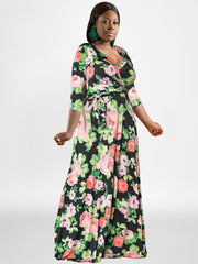 Plus Size Long Sleeves Floral Print Maxi Dress
