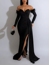 Off Shoulder Pleated Feather Slit Dress