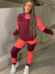 Two Piece Color Block Fleece Pullover Long Pants