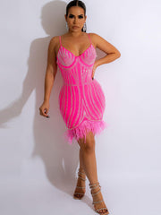 Spaghetti Strap Rhinestone Feather Mini Dress
