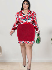 Long Sleeve Floral Print Patchwork Mini Dress