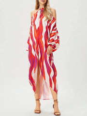 Colorful Striped Sexy Halter Neck Tie Maxi Dress