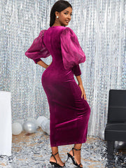 Lantern Sleeve Mesh Patchwork Split Maxi Dress