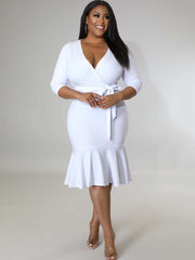 Half Sleeve Lace Up Ruffle Bodycon Midi Dress