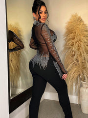 Glitter Rhinestone Mesh Patchwork Bodycon Jumpsuit