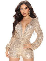 Glitter Sequins Long Sleeves Zipper Romper