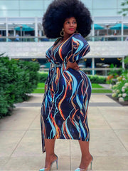 Long Sleeve Striped Print Midi Dress