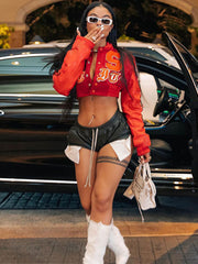 PU Patchwork Long Sleeves Baseball Jacket