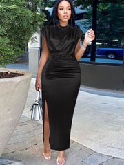 Plus Size Sleeveless Ruched Side Split Maxi Dress