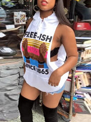 Sleeveless Letter Printed Bodycon Hooded Top