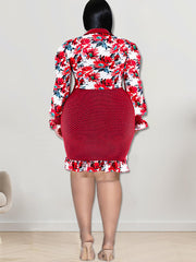 Long Sleeve Floral Print Patchwork Mini Dress