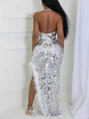 Sequin Halter Backless Feather Trim Dress