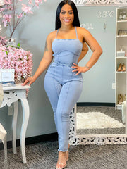 Halter Lace-Up Denim Jumpsuit