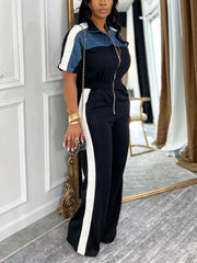Denim Color Block Zipper Long Jumpsuit