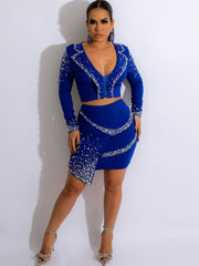 Two Piece Mesh Rhinestone Patchwork Top Skirts