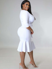 Half Sleeve Lace Up Ruffle Bodycon Midi Dress