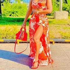 Two Piece Sleeveless Floral Crop Top Maxi Skirts