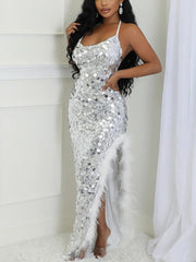 Sequin Halter Backless Feather Trim Dress